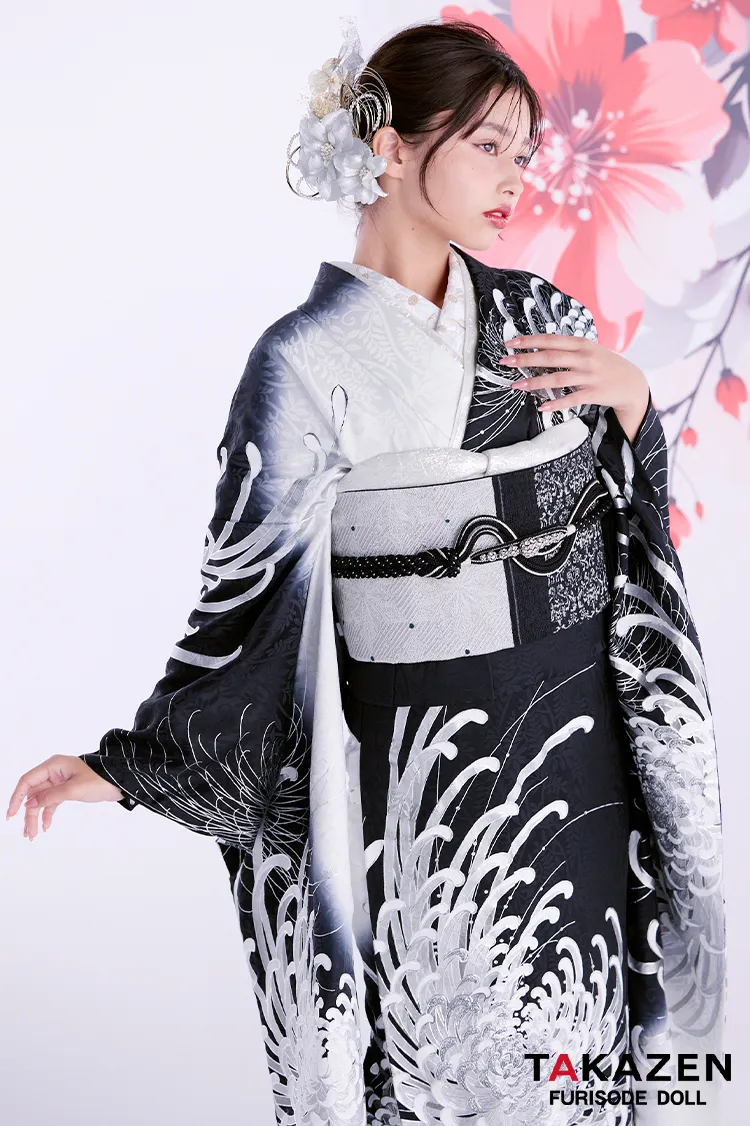 最新作粋古典 黒シルバー 乱菊柄/大柄 最高級金彩刺繍友禅 かっこいい