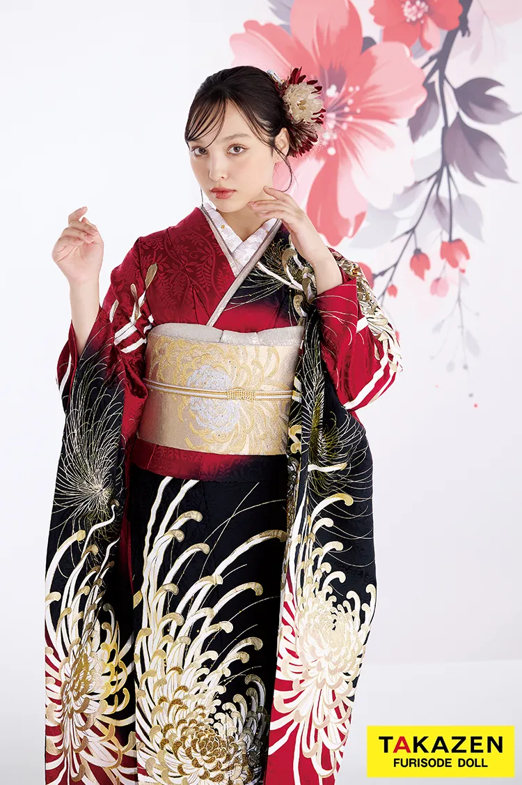 最新作粋古典 赤/ゴールド/黒 乱菊柄/大柄 最高級金彩刺繍友禅