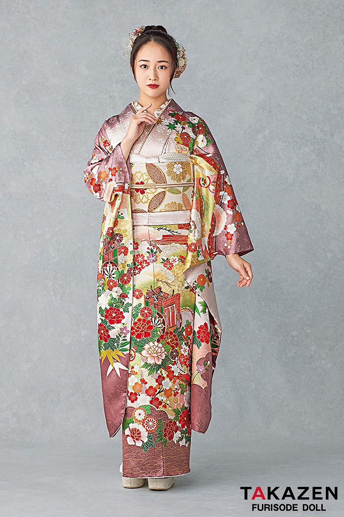 最高級古典柄振袖 吉澤織物/文楽/人間国宝吉田簑助 白/ピンクベージュ