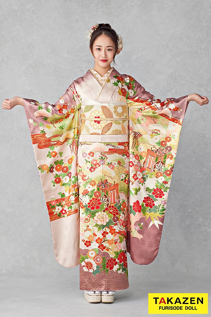 最高級古典柄振袖 吉澤織物/文楽/人間国宝吉田簑助 白/ピンクベージュ