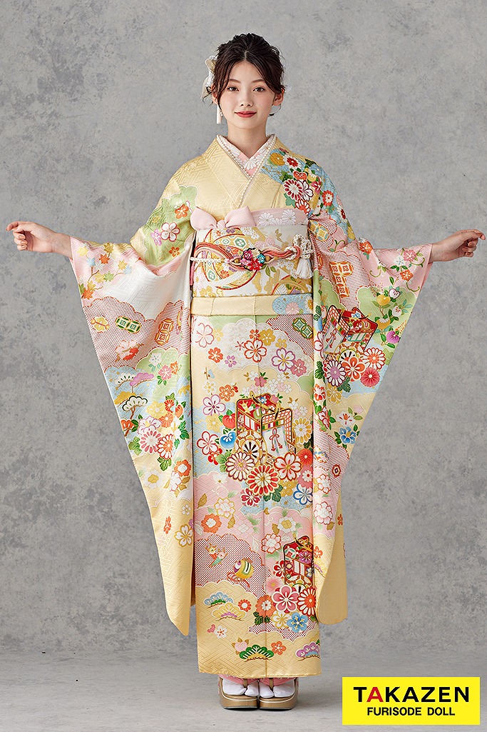 最高級古典柄振袖 吉澤織物/吾妻徳穂 黄色/ピンク 御所車柄/雲取り