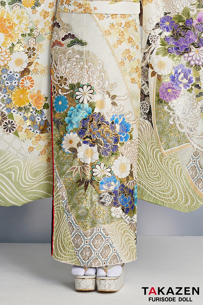 最高級古典柄振袖 関芳/最高級金彩刺繍友禅 白/黄緑/くすみ色 牡丹柄