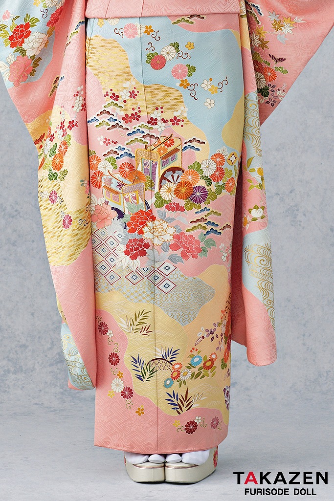 最高級古典柄振袖 千總/最高級金彩刺繍手描京友禅 ピンク/水色 御所車