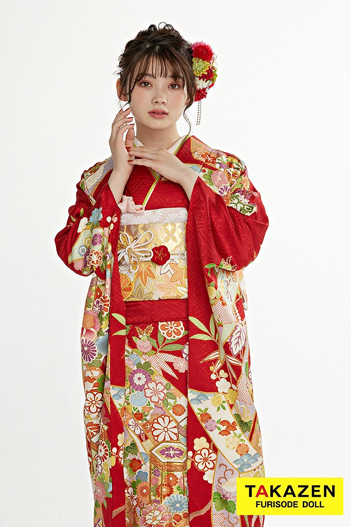 正統派古典 赤/緑 熨斗/貝桶柄 上品振袖ネットレンタル 最高級金彩手描