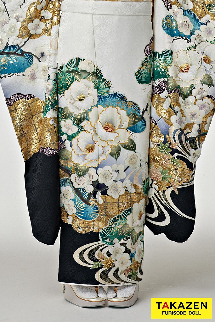 正統派古典 白地/緑/金 椿柄/流水模様 シンプル 大人っぽい 清楚 低