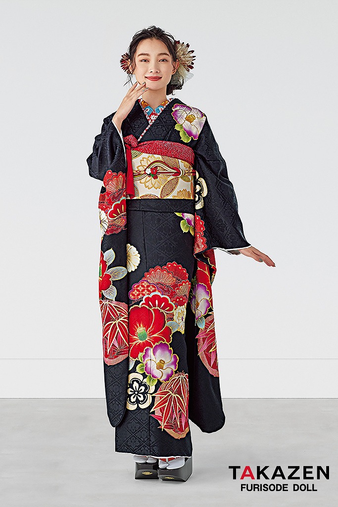 正統派古典 黒/赤 椿柄 シンプル かっこいい 大人っぽい振袖 新野尾