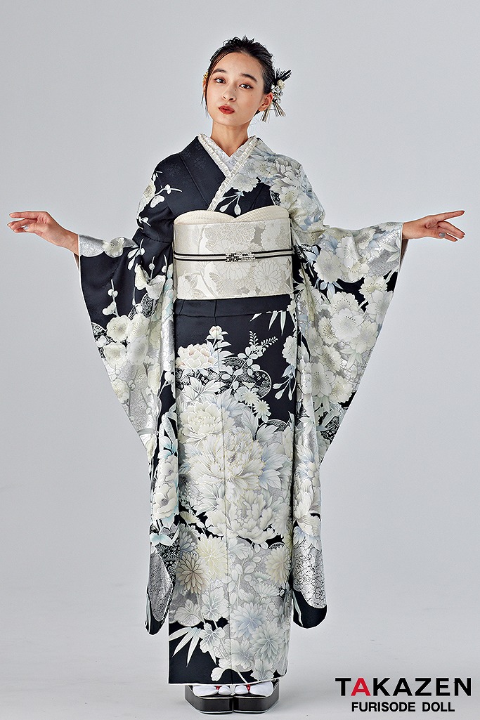 正統派古典 黒/白/シルバー 牡丹柄 かっこいい 粋 大人っぽい振袖 弓