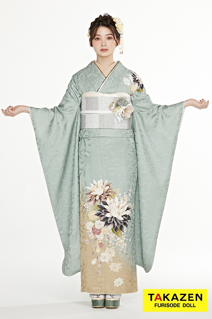 美品 正絹 振袖 綸子 緑色 正統派古典 くすみグリーン/淡色 大人っぽい