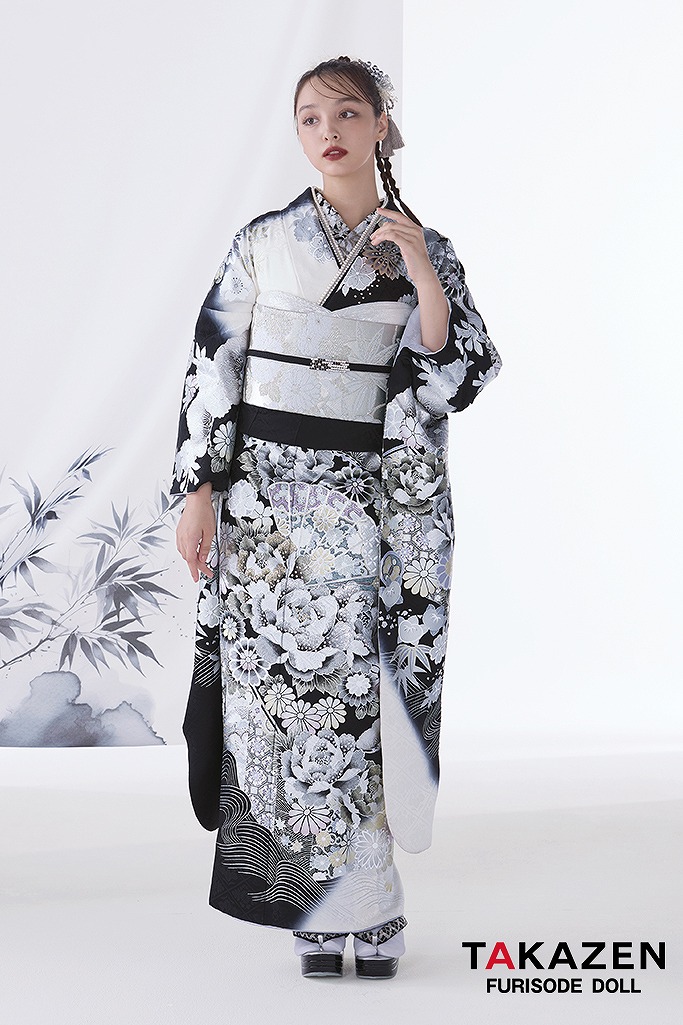 振袖フルセット6点サイズM〜L駒刺繍 扇面花文 暈し染め 金銀彩 金銀糸