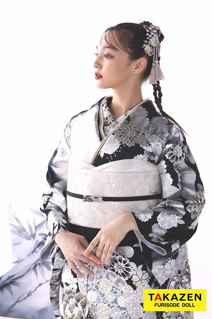 粋古典 シルバー/白黒 扇面柄/牡丹柄 最高級金彩刺繍友禅 かっこいい