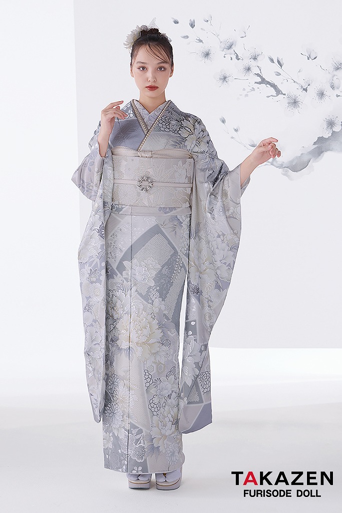 粋古典 ライトグレー/ニュアンスカラー 牡丹柄/椿柄 透明感のある振袖