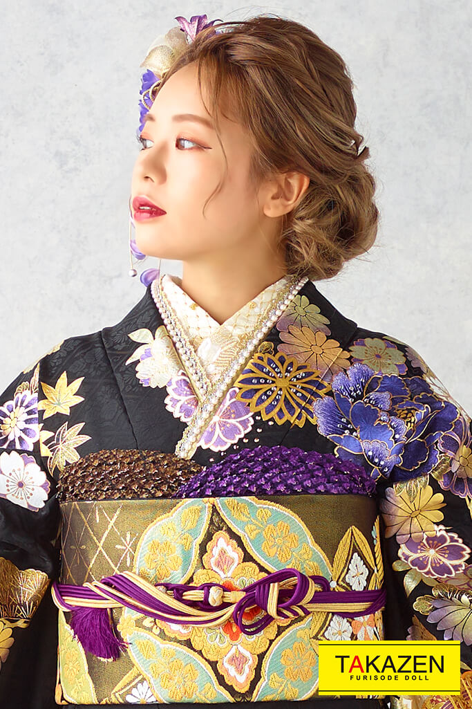 粋古典 黒/紫/ゴールド(金色) 牡丹柄/扇柄 派手 かっこいい 最高級金彩