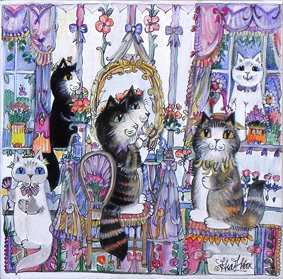 美品 ダイアン・エルソン「キッチン」水彩画 直筆サイン入 額縁入 猫