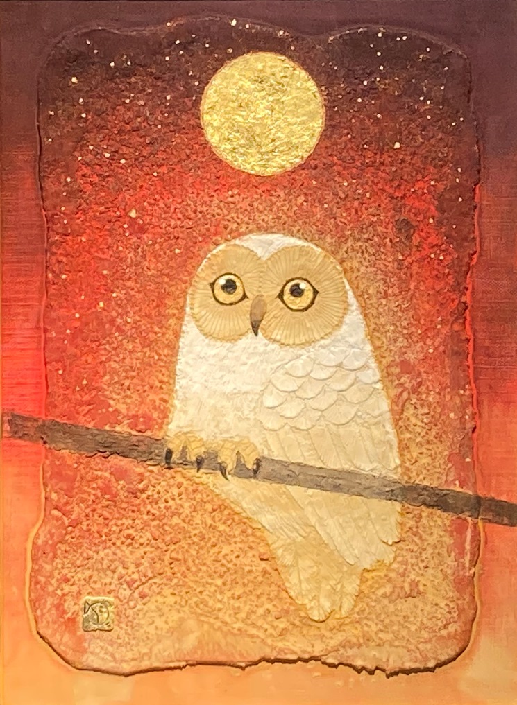 内野隆文 夜のフクロウ 絵画 ドローイング 素描 梟 カワイイ 額付 真作