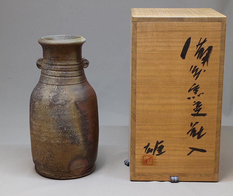 岡山県重要無形文化財 藤原建 備前焼 緋襷筒花入 四方桟共箱 花器 花瓶