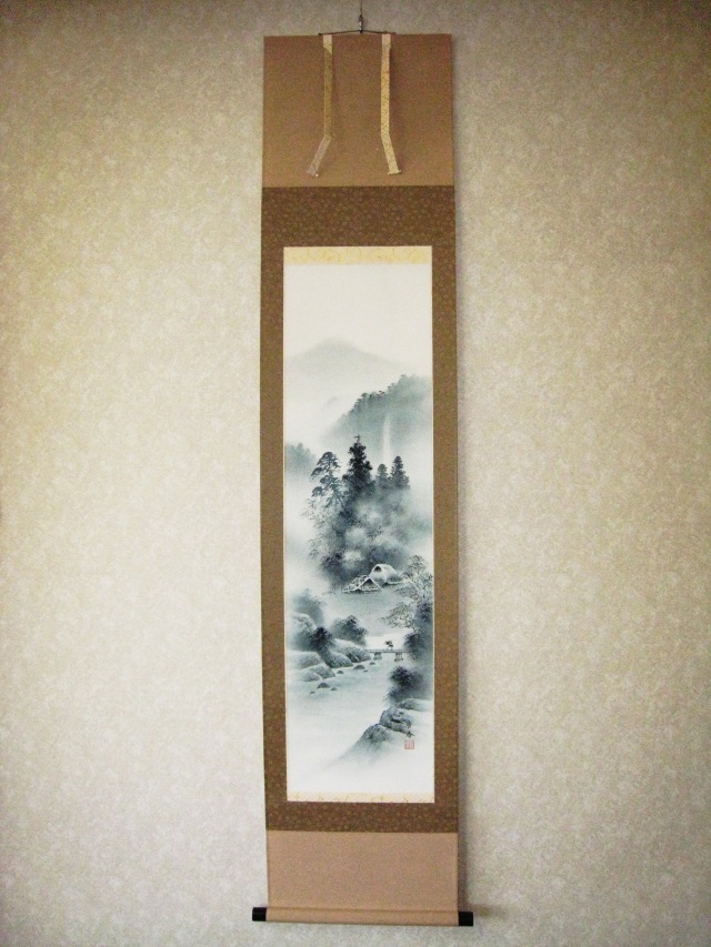 掛け軸 水墨山水◇中野長春（真作・新品）尺巾立