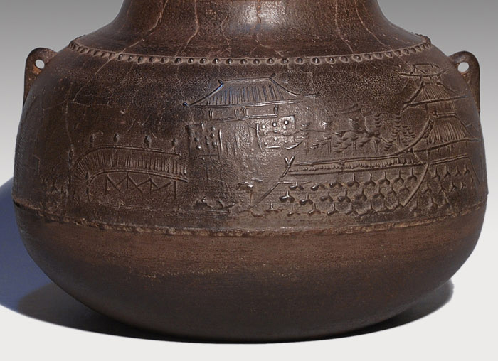 繰口釜 天猫作 肩霰に風景地紋入り 十五代 大西浄心箱書 | 古美術ささき