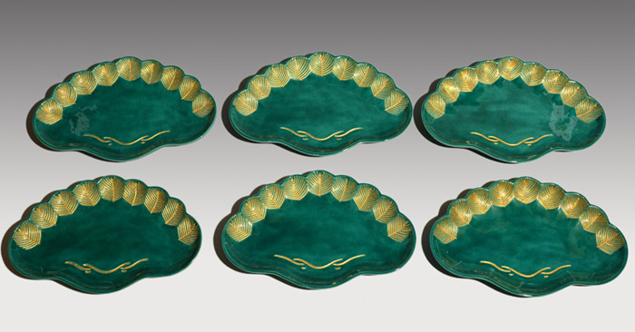 永楽善五郎(即全) 青交趾 金彩入 松皿 6客 共箱 正面28.5cm 菓子皿にも