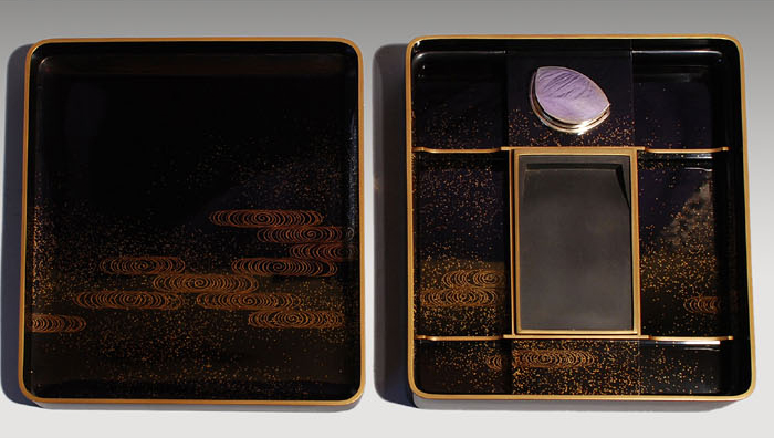 書道具 桐彫抜 螺鈿装飾 硯箱 在銘 硯 水滴 筆 一式 目録付 M R9185 書