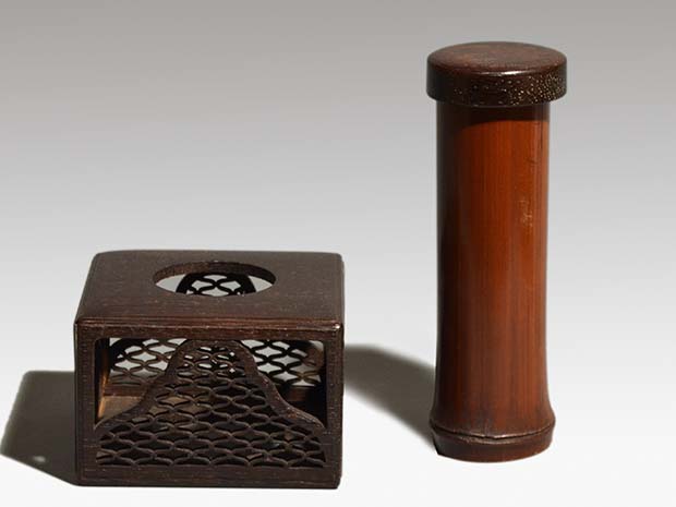 遠州好 時代煙草盆 鉄刀木に網と七宝透し入 灰吹き付 | 古美術ささき