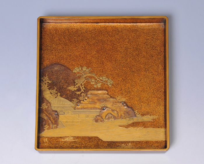 慶應◇江戸時代中期頃 桐鳳凰蒔絵御硯箱 内梨子地 笹に