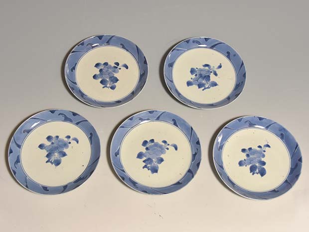 古伊万里（藍九谷様式）椿文中皿 5枚 江戸時代中期頃 | 古美術ささき