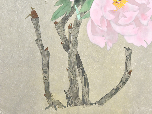 中島千波 銀地に彩色 「寒牡丹」10号 共シール | 古美術ささき