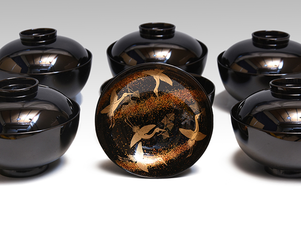 国宝絵替蒔絵蝋色塗吸物椀6客 共箱 山田平安堂 己ん典（造） | 古美術