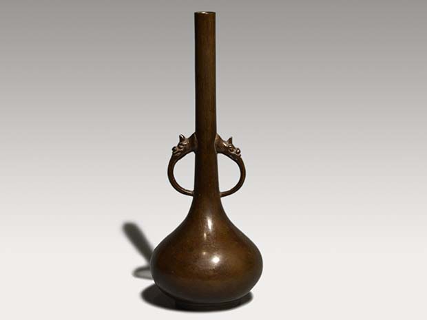 江戸期金銅製双耳花器 】 渡来古代様式 寺院仏具 江戸期金銅製双耳花器