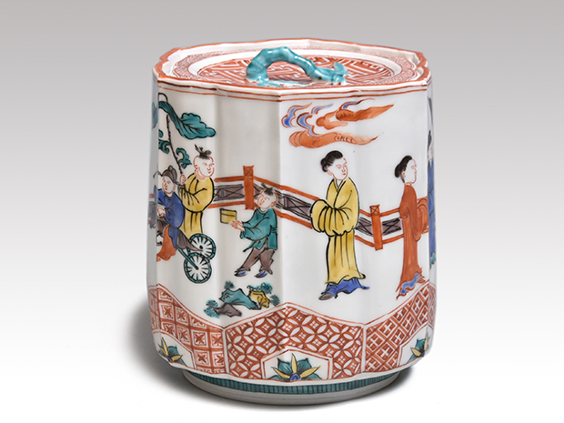 倣 古赤絵人物水指 武蔵野窯 塗師淡斎（作）共蓋 誂え蓋付 共箱 | 古