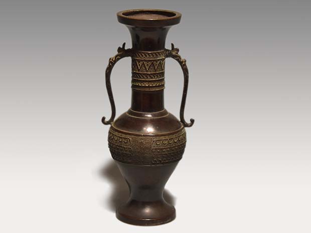 603『唐銅 竹に雀 花瓶 箱付き』 /骨董品 古美術 古玩 アンティーク