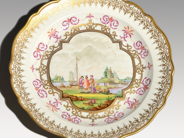 MEISSEN マイセン 港湾風景画 金彩 31.5cm プレート 飾り皿 1850～1924