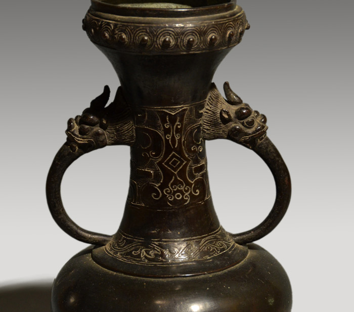 唐物 時代 唐銅(古銅) 龍耳累座入柑子口 花入 | 古美術ささき