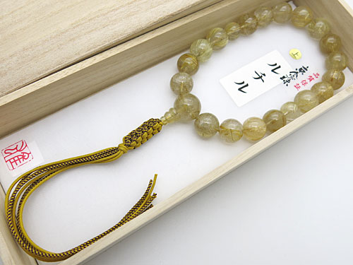男性用数珠 最上級ルチル（金線入り水晶） 18玉 共仕立て 紐房の通販
