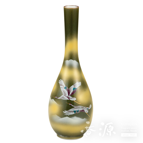 ◎田村幸夫作 七宝焼 双鶴紋 花瓶（置き台・栞・箱付）