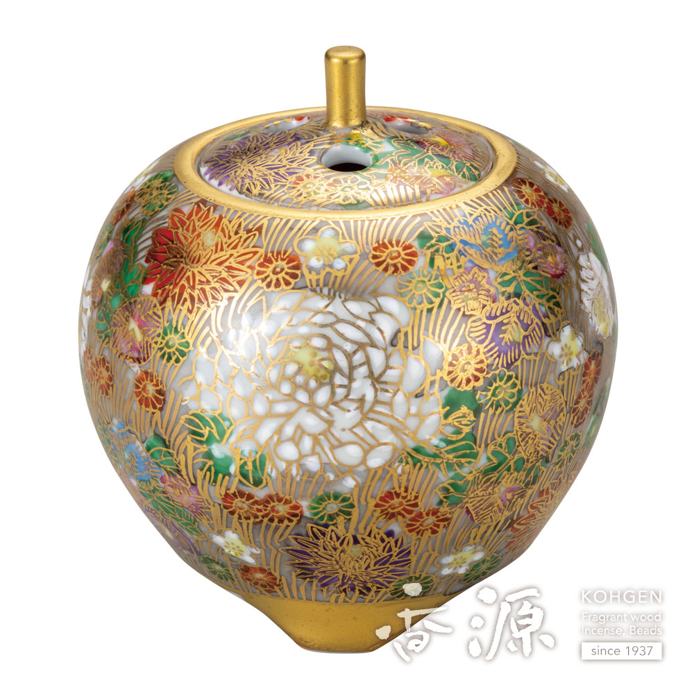 九谷花詰大きな三足金色狮子头香炉 九谷花詰大きな三足