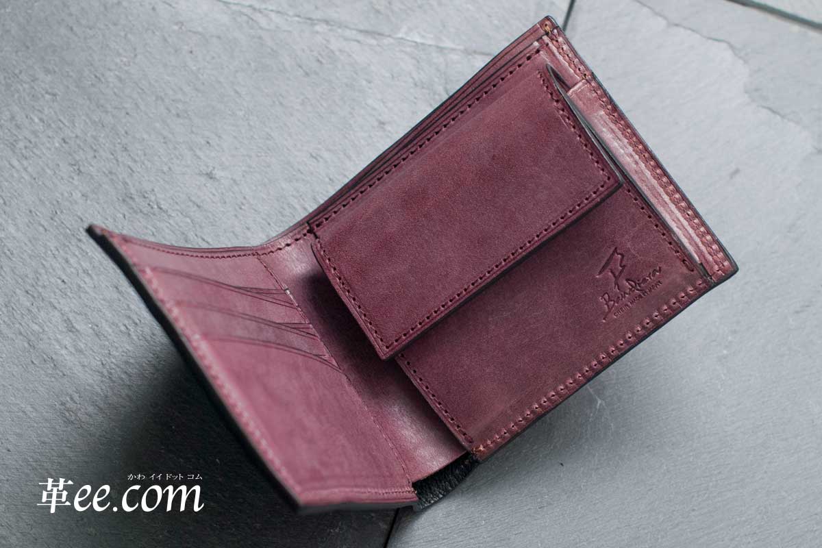 皇居 レザー 二つ折り財布 レザー 革 ワインレッド バーガンディ 菊
