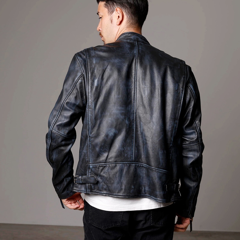 レザージャケット メンズ ダメージ風 ネイビー 紺色 本革 シングル