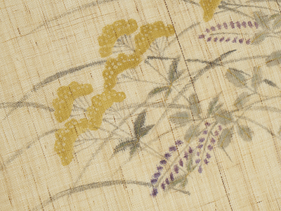 秋草模様手描麻開名古屋帯 桐山紫香作(F96066to) 帯紹介