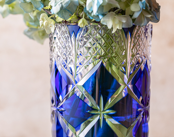 江戸切子 花瓶 青色 クリスタル カガミクリスタル 切子 花瓶 フラワー