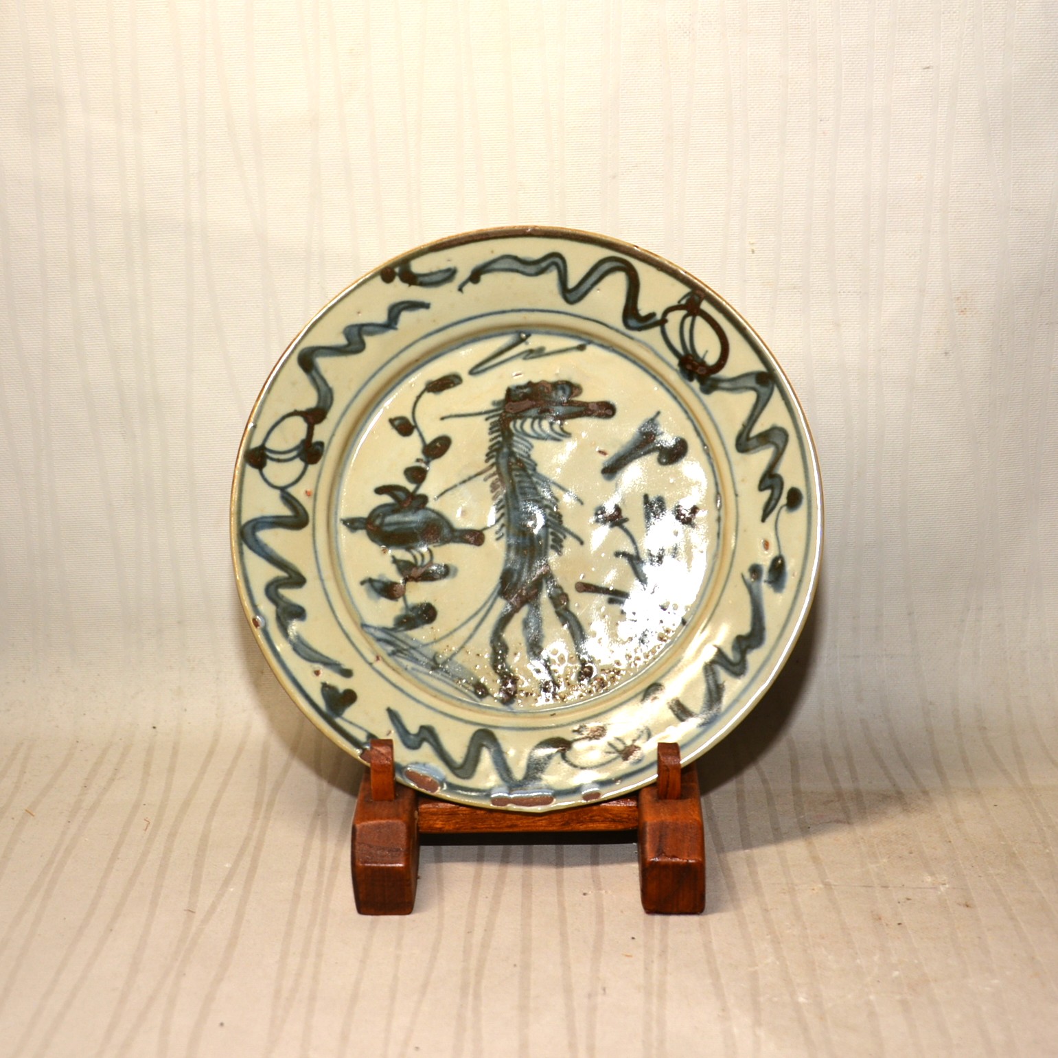 中国 明時代 染付鳳紋小皿 古染 送料込み0722 中国 明時代 染付鳳紋