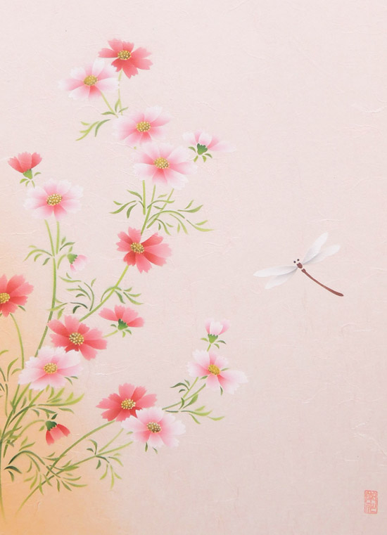 掛け軸 コスモスととんぼ (南川康夫) （掛軸小物なし) 送料無料 【掛軸