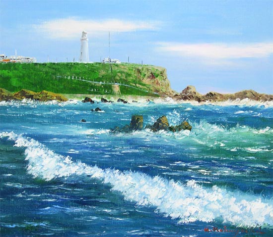 海と街と山の風景画 油絵 肉質画 サインあり Michio 海と街と山の風景