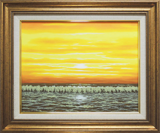 日の出の海の風景画（油絵肉筆画）885×1280 日の出の海の風景画（油絵