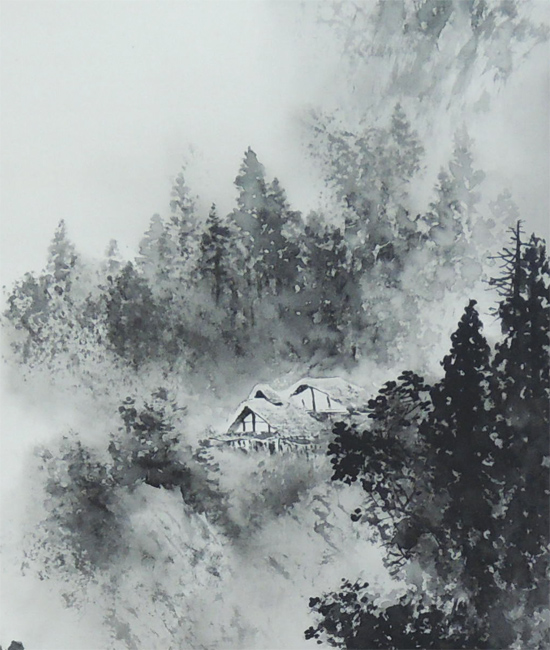 中国山水画 【秋山雁影 】 凌雲 水墨画 山水風景 掛け軸 水墨画 山水