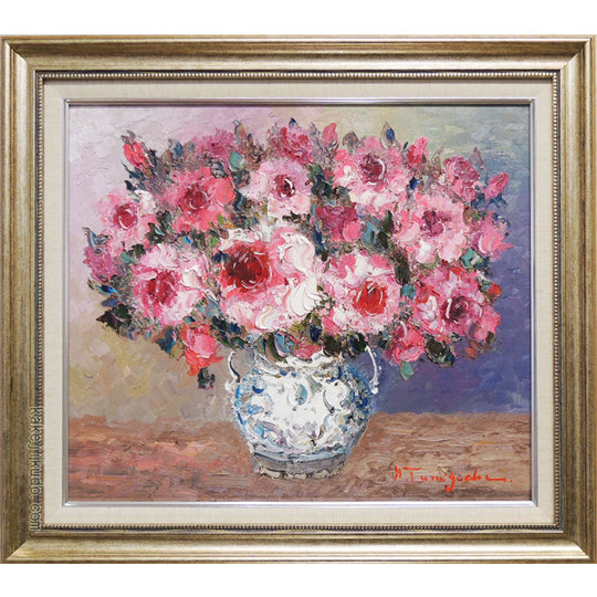 手書き油絵 ゴッホ 花瓶の薔薇 額付 肉筆絵画 インテリア 油彩画