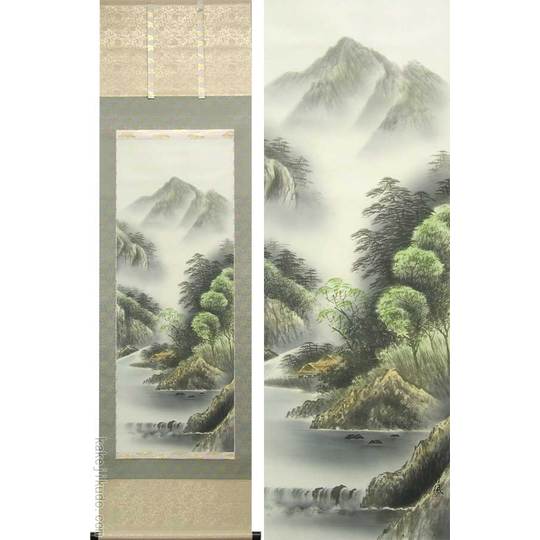 掛け軸 彩色山水 （佐藤竹風） （掛軸小物なし） 送料無料 【掛軸