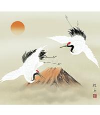 赤富士双鶴 長江桂舟（三美会） 尺八横！ 祝儀掛け - 掛け軸（掛軸