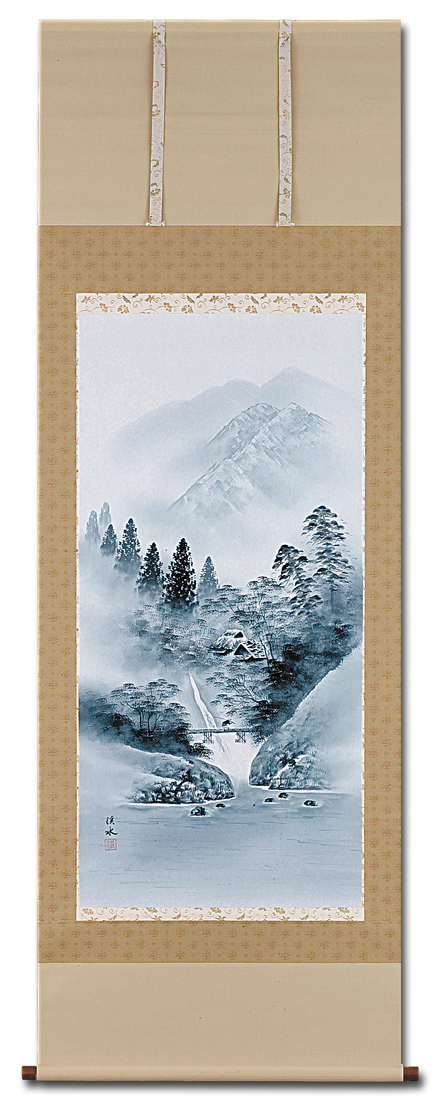 水墨山水 酒井渓水 尺八立 肉筆！ 山水画 - 掛け軸（掛軸）販売通販