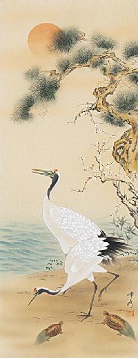 真作/長谷川玉峰/松梅鶴亀図/双幅/祝掛軸/正月掛軸/掛軸☆宝船☆AH-508